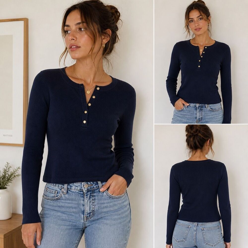 Abercrombie & Fitch Ribbed Henley Top Navy Long Sleeve Size M